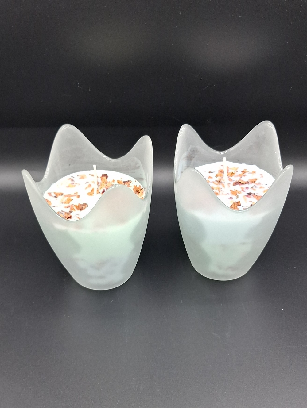 Sandlewood Home Made Soy Frosted Glass Tulip Candle Pair with Rose Petal Top - Picture 1 of 2